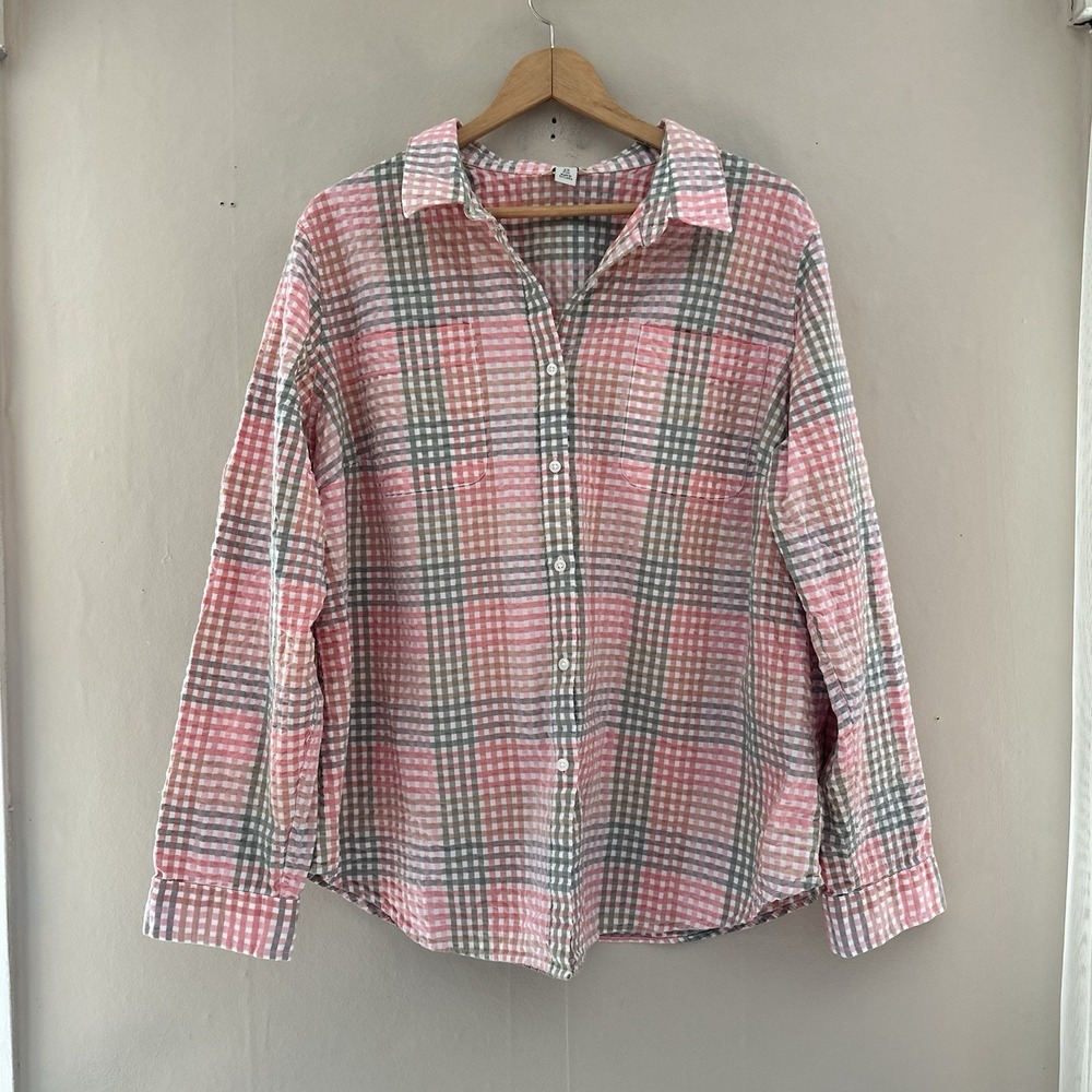 LL Bean Womens Seersucker Button Up Plaid Top Size 2X Vacationland Coastal Pink